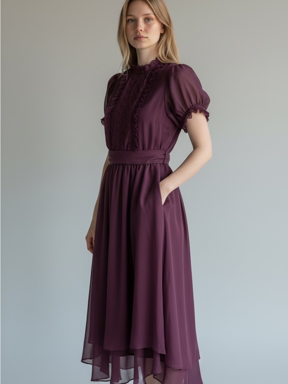 Deep Plum Dress with Lace Trim